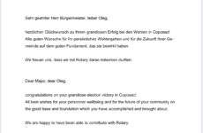 Глава Rotary Club (Германия), поздравил Олега Гаризан с победой на выборах примара, пожелав дальнейшего процветания Копчаку