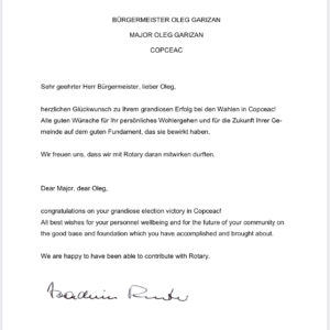 Глава Rotary Club (Германия), поздравил Олега Гаризан с победой на выборах примара, пожелав дальнейшего процветания Копчаку